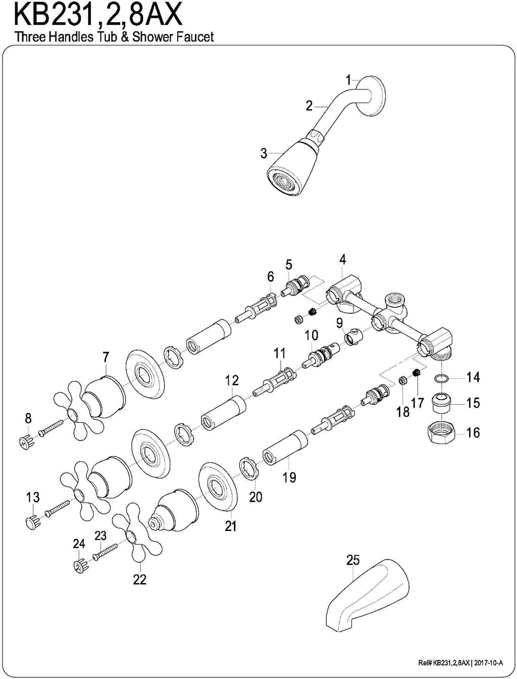 Kingston Brass KB238AX Tub and Shower Faucet with 3-Cross Handle, Brushed Nickel,5-Inch Spout Reach