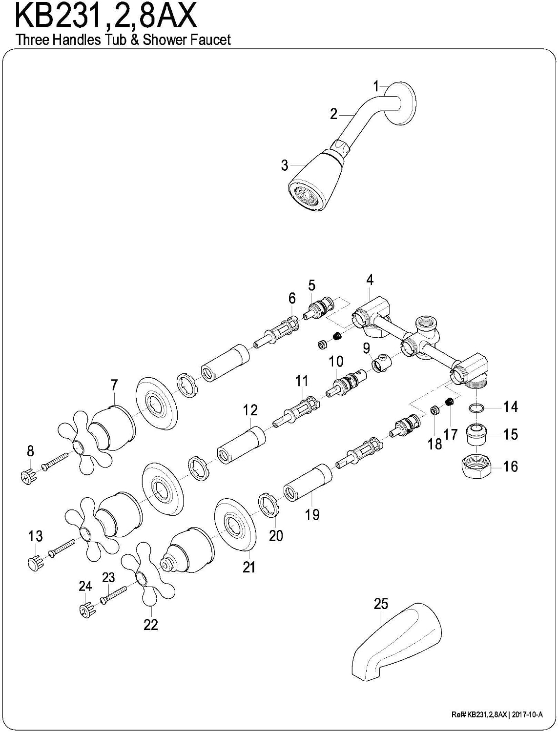 Kingston Brass KB238AX Tub and Shower Faucet with 3-Cross Handle, Brushed Nickel,5-Inch Spout Reach