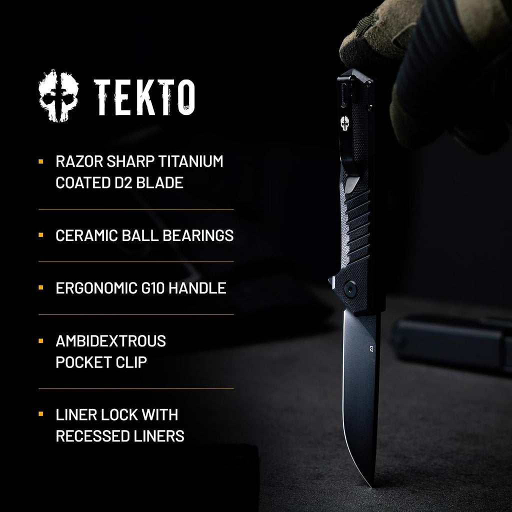 TEKTO F1 Alpha Folding Pocket Knife - Modified Straight Back Blade, Titanium Coated D2 Steel, Tactical Knife, EDC Folding Pocket Knives for Camping, Hunting & Backpacking - G10 Black, Black Accents