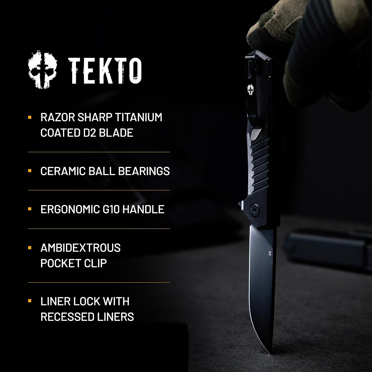 TEKTO F1 Alpha Folding Pocket Knife - Modified Straight Back Blade, Titanium Coated D2 Steel, Tactical Knife, EDC Folding Pocket Knives for Camping, Hunting & Backpacking - G10 Black, Black Accents