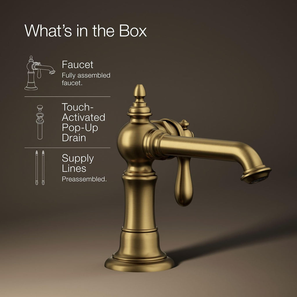 Kohler 72762-9M-2MB Artifacts® Single-Handle Bathroom Sink Faucet, 1.2 gpm, Vibrant Brushed Moderne Brass