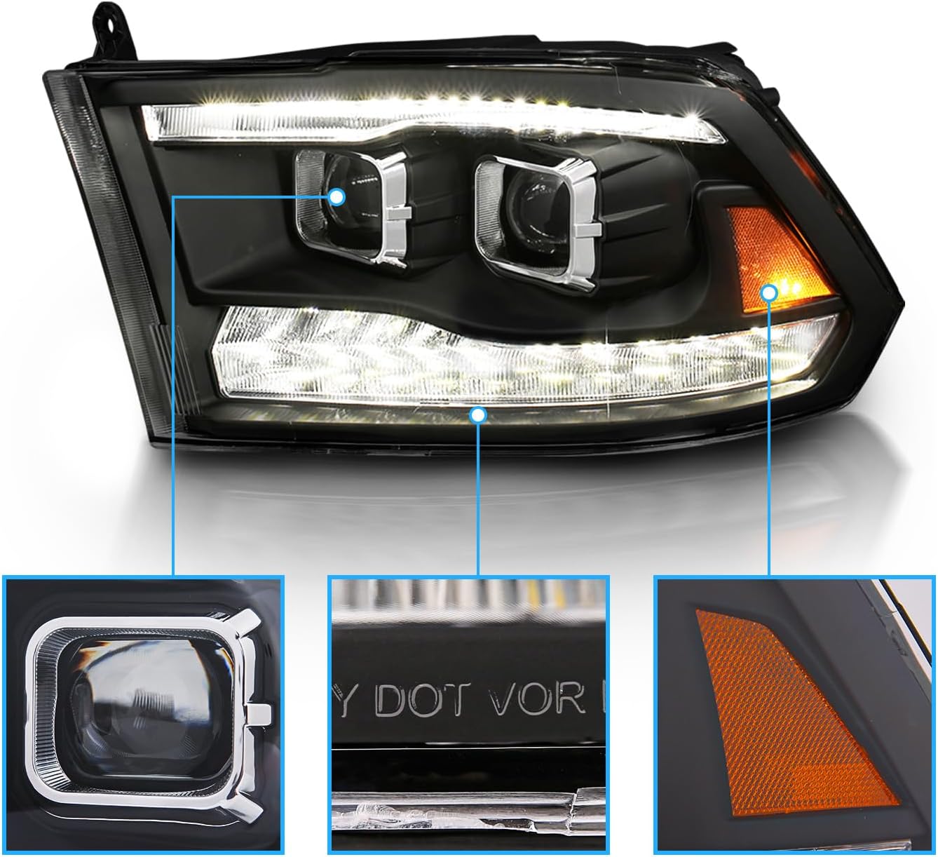 AmeriLite for 2009-2018 Dodge Ram 1500 2500 3500 [BOTH Model] Upgraded Projector Switchback LED Tube Black Headlights Assembly Pair - Passenger and Driver Side