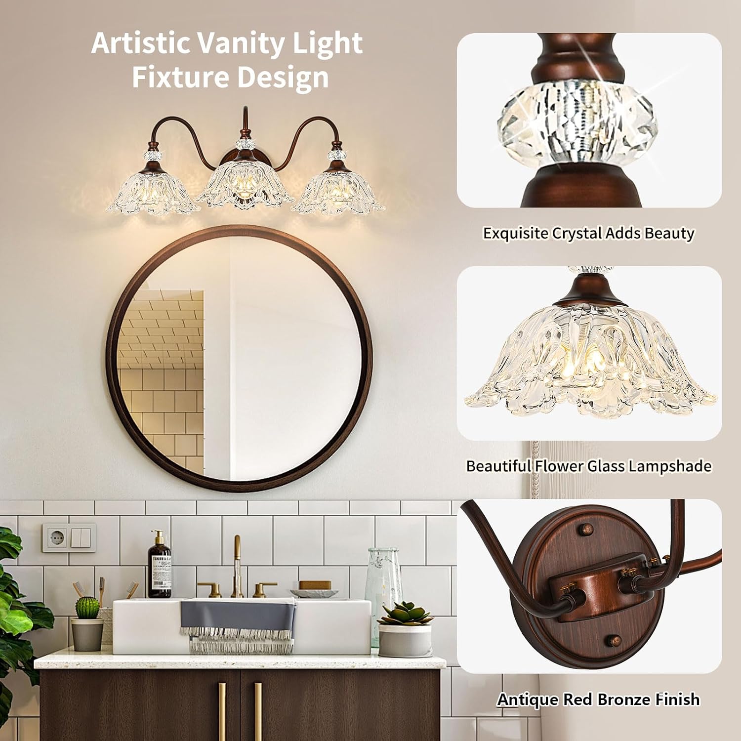 Antique Red Bronze Finish Bathroom Vanity Light, 3-Light Vintage Vanity Light with Floral Clear Glass Shades, Retro Wall Mount Lighting for Bathroom, Dressing Table