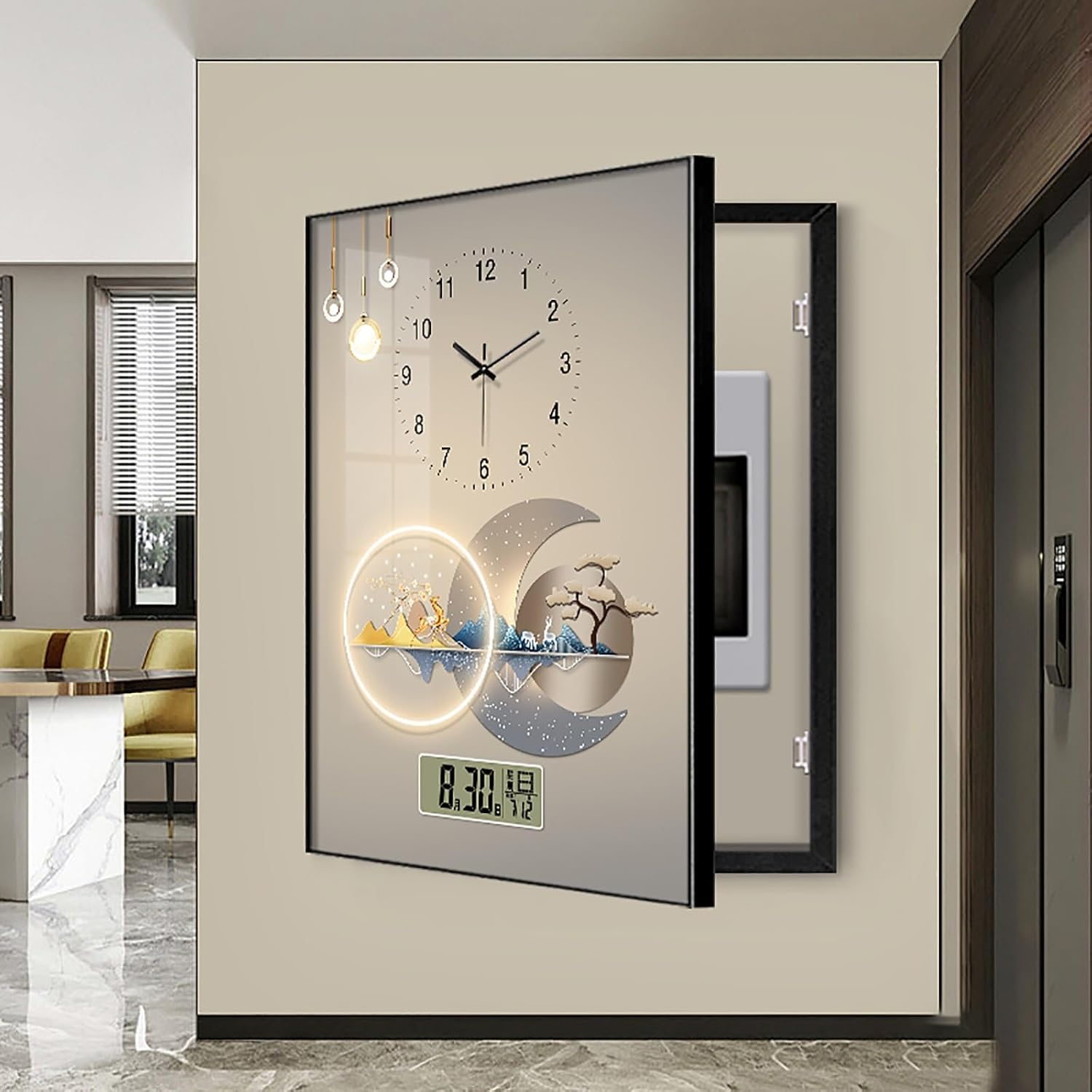Circuit Breaker Box Cover, Electric Meter Decorative Painting with Clock, Hidden Electrical Panel Cover Decoration for Office, Home, Shopping Mall(Color 3,50 * 60cm/19.7 * 23.6in)