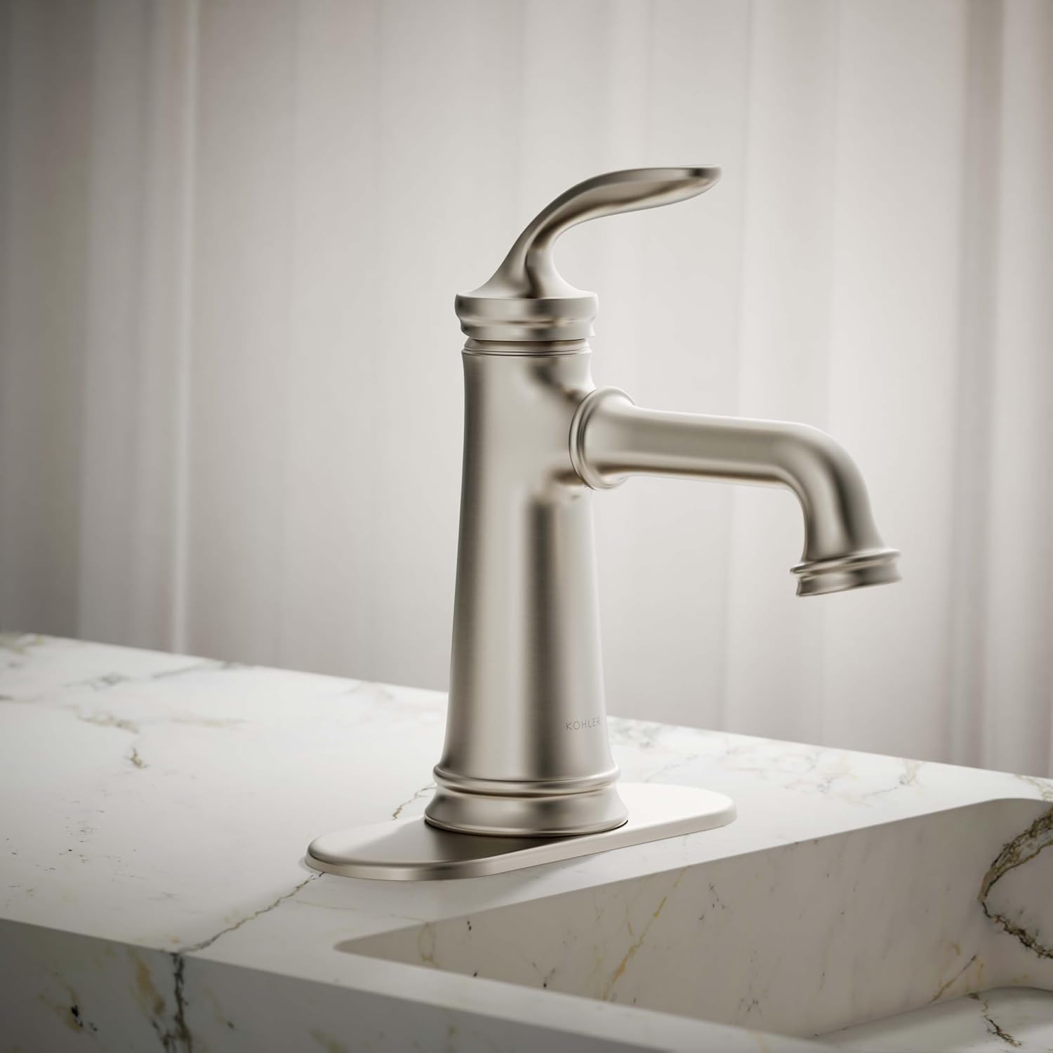 KOHLER 27379-4K-BN Bellera Single Handle Bathroom Faucet with Pop-Up Drain Assembly, One Hole Bathroom Sink Faucet, 1.0 gpm, Vibrant Brushed Nickel