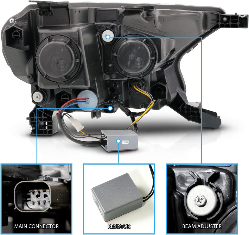 AmeriLite for 2019-2022 Ford Ranger XL/XLT Pickup Switchback LED Sequential Signal Tube Black Square Projector Headlight Set - Passenger and Driver Side