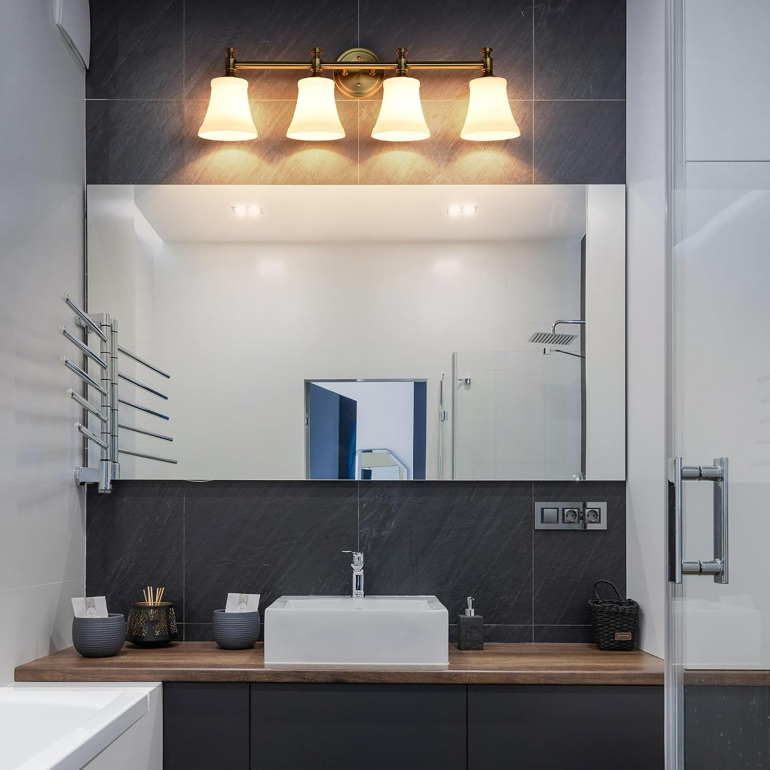 Champagne Bronze Bathroom Vanity Light Fixtures, Traditional Gold 4 Lights Wall Sconce Lighting with Large Opal Glass Shade, Porch Wall Mount Light Fixture for Bathroom, Mirror Cabinets Hallway Stairs