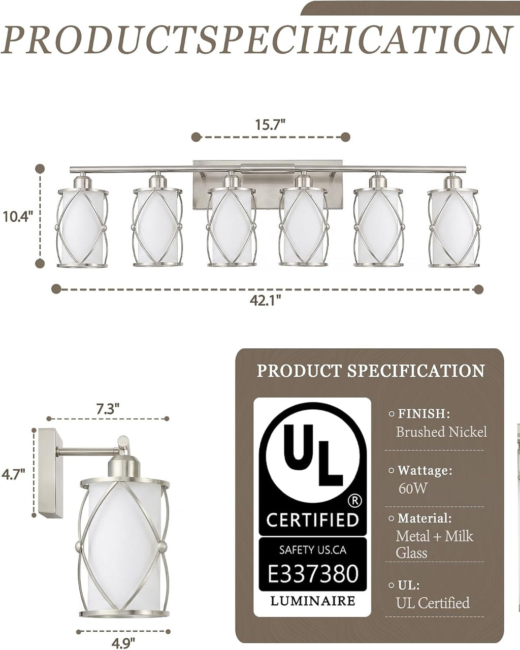 6-Light Brushed Nickel Bathroom Light Fixtures Over Mirror, 42' UL-Listed Modern Wall Sconce Lights with Milk White Frosted Glass and Metal Cage for Bath, Hardwire E26, CH9176BNW-6W