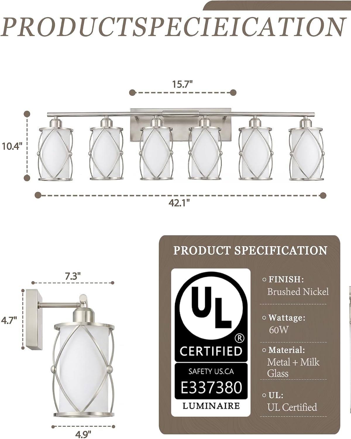6-Light Brushed Nickel Bathroom Light Fixtures Over Mirror, 42' UL-Listed Modern Wall Sconce Lights with Milk White Frosted Glass and Metal Cage for Bath, Hardwire E26, CH9176BNW-6W