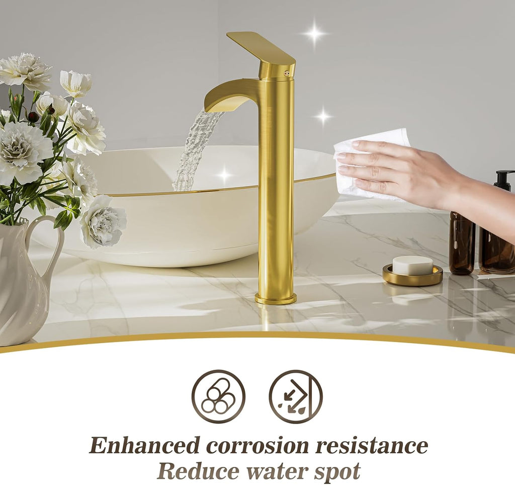 Phiestina Brushed Gold Tall Bathroom Vessel Sink Faucet 2 Pack, Single Hole Single Handle Waterfall Above Countertop Sink Bathroom Faucet, with Pop Up Drain,Water Supply Line, NS-SF01-V-BG-2pack