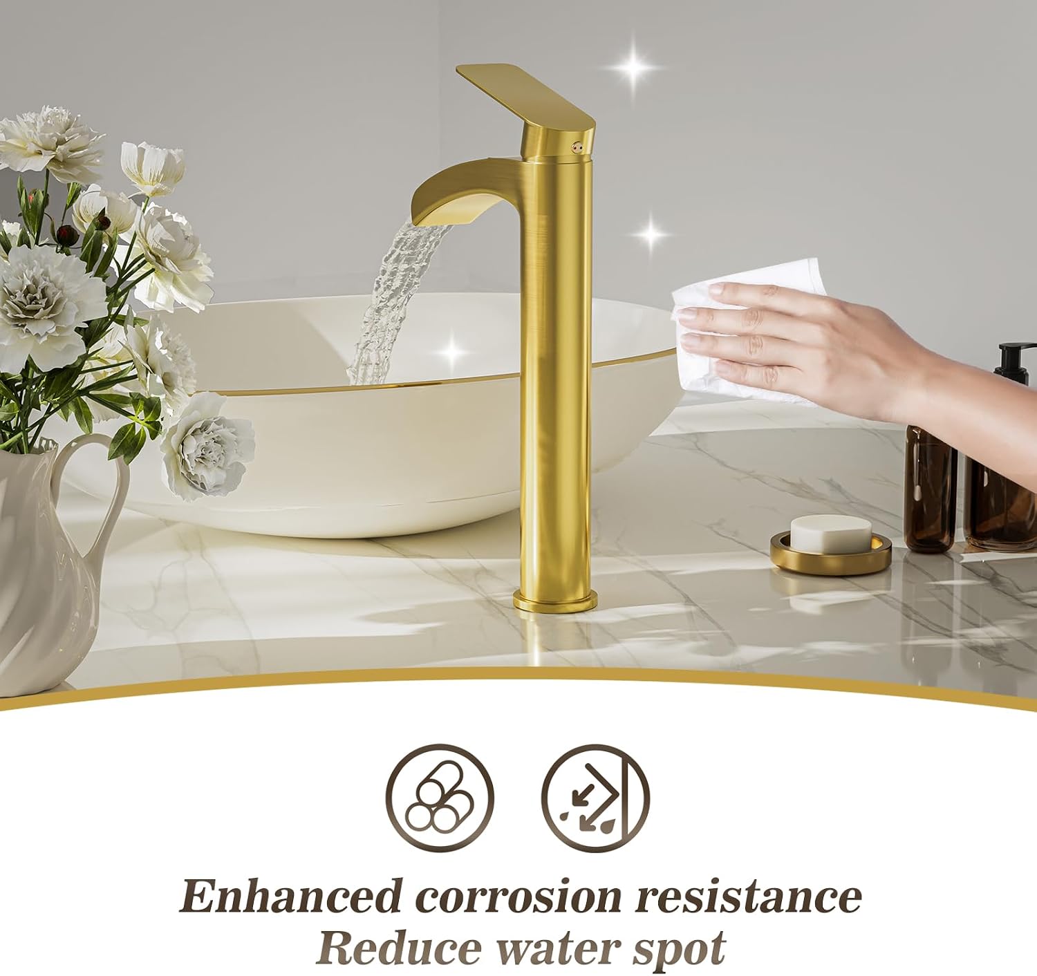 Phiestina Brushed Gold Tall Bathroom Vessel Sink Faucet 2 Pack, Single Hole Single Handle Waterfall Above Countertop Sink Bathroom Faucet, with Pop Up Drain,Water Supply Line, NS-SF01-V-BG-2pack