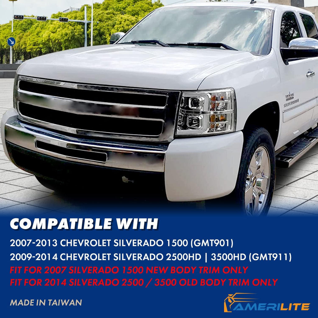 AmeriLite For 2007-2013 Chevy Silverado 1500/07-14 Silverado 2500HD 3500HD LED Tube Chrome Square Projector Headlights Set - Passenger and Driver Side