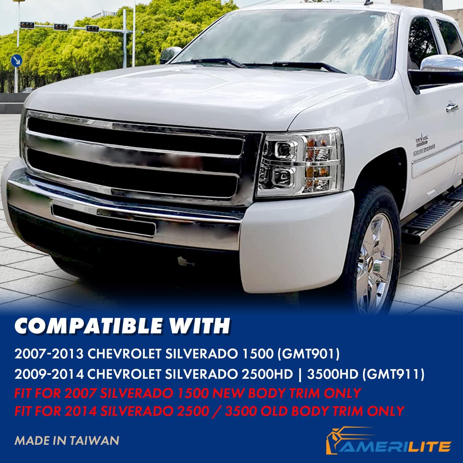 AmeriLite For 2007-2013 Chevy Silverado 1500/07-14 Silverado 2500HD 3500HD LED Tube Chrome Square Projector Headlights Set - Passenger and Driver Side