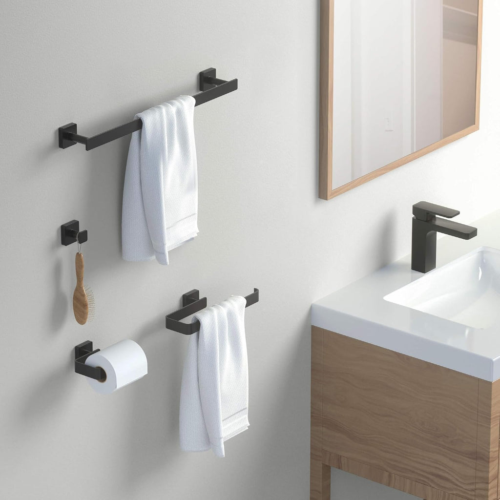 KIBI Blaze Bathroom Hardware Set 4 Piece Bathroom Accessories Set | Towel Bar (19'), Towel Holder, Toilet Paper Holders, Robe Hook (Matte Black) (KBA16-4-2)