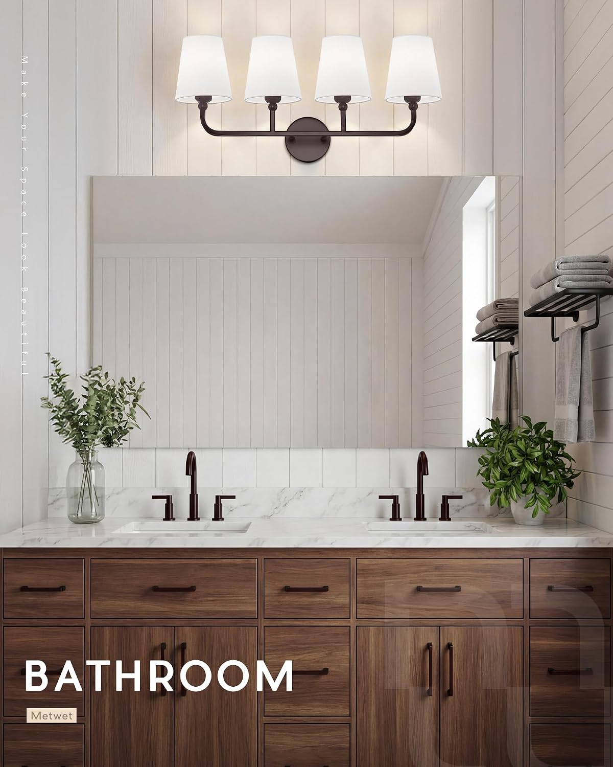 Bathroom Light Fixtures, 4 Light Oil Rubbed Bronze Vanity Lights with Flared White Fabric Shade, 28 Inch Wall Sconce, Vintage Sconces Wall Lighting for Hallway Bedroom, VL837-ORB-4