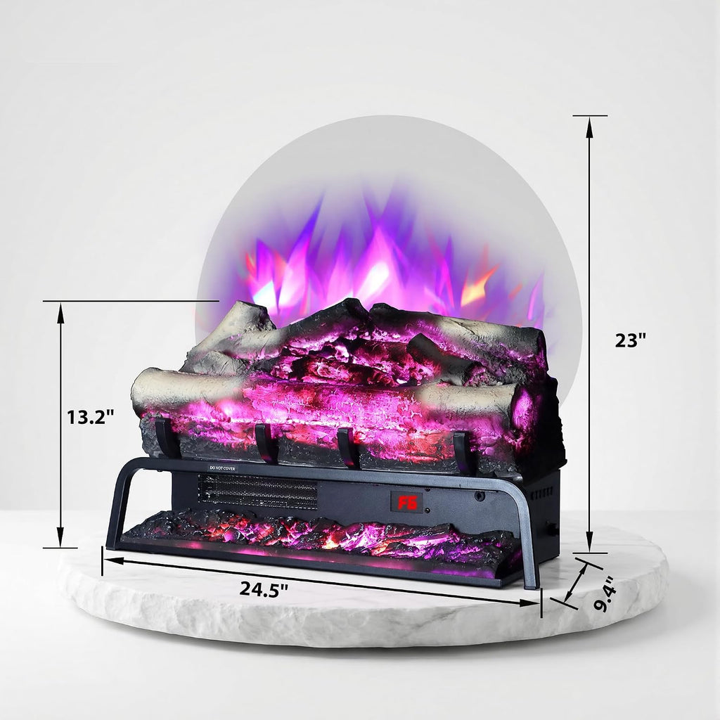 25' Electric Fireplace Log Heater, Freestanding Electric Fireplace Insert Log Set with Remote & App Control, Adjustable Flame Color& Dimer& Speed,Thermostat& Timer,750W/1500W, Black