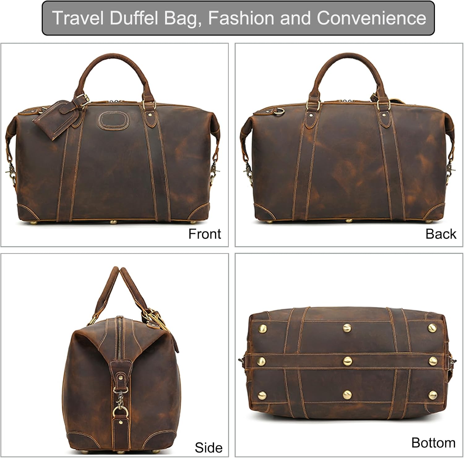 LUUFAN Full-grain Genuine Leather Travel Bag Large Capacity Luggage Duffel Bag for Men Shoulder Handbag Holiday Business Trip Bag, Brown
