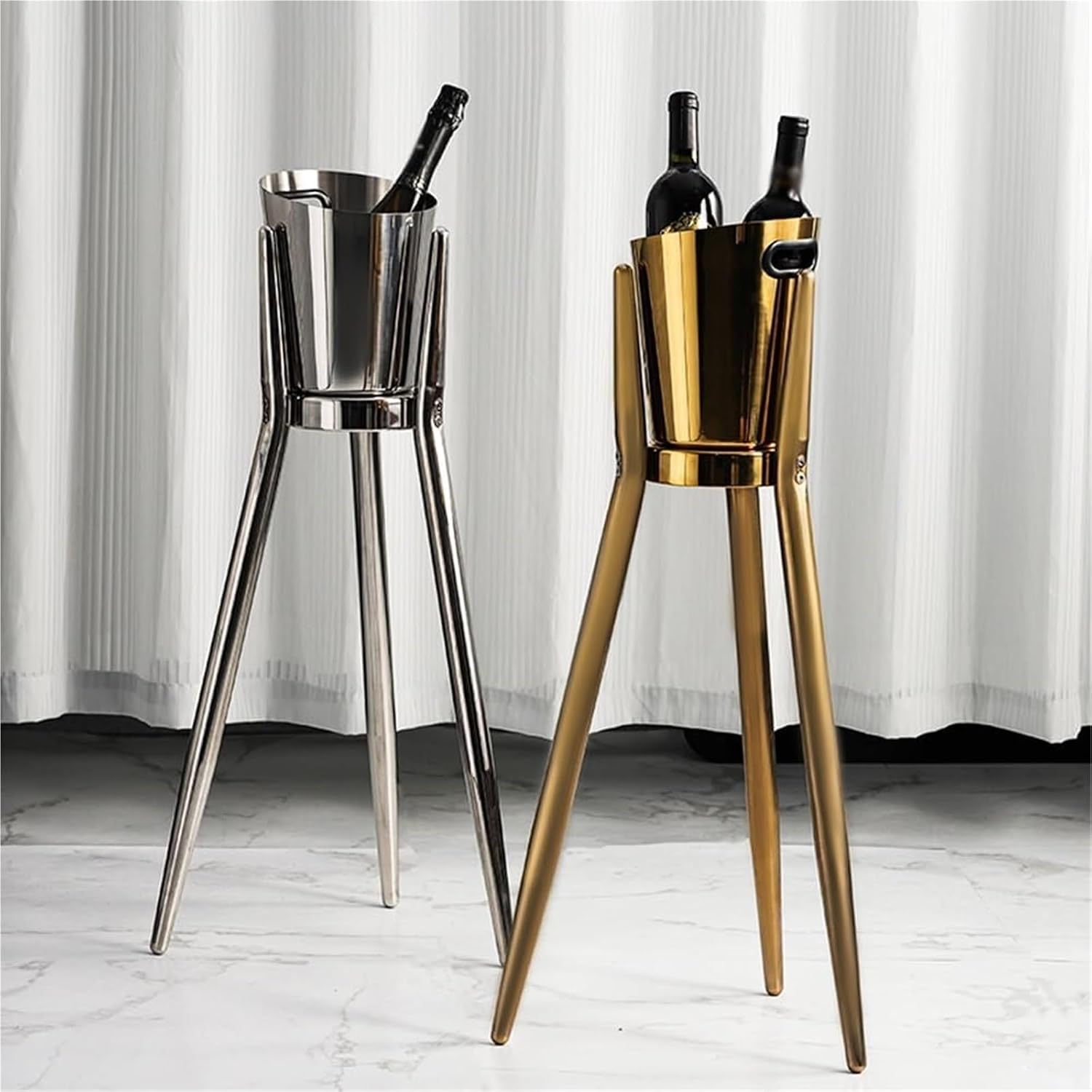 Ice Bucket with Stand， Party Drink Cooler Holder - Handles Wine Chiller Free Standing Outdoor or Indoor Use(Gold)