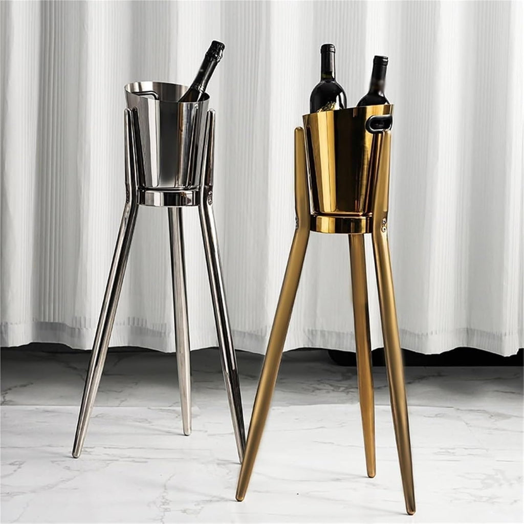 Ice Bucket with Stand， Party Drink Cooler Holder - Handles Wine Chiller Free Standing Outdoor or Indoor Use(Black Gold)