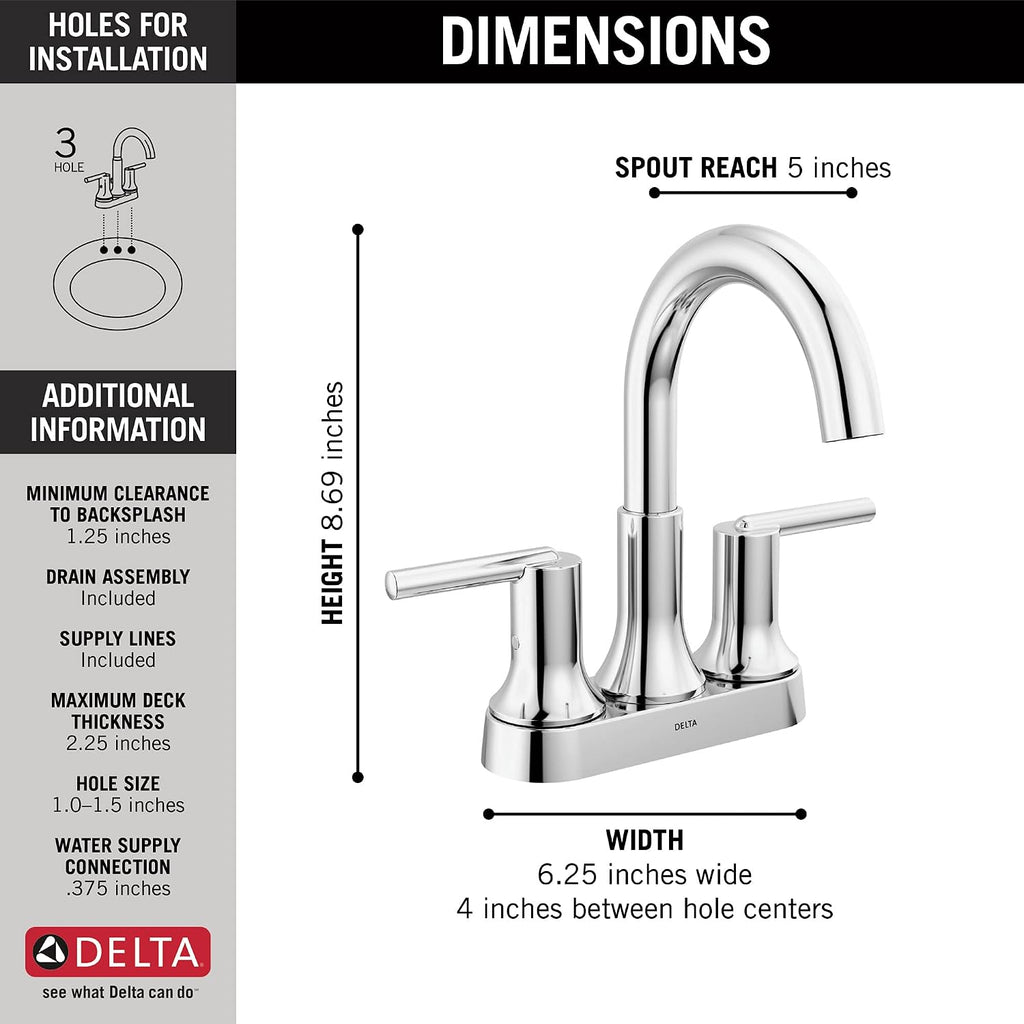 Delta Faucet Trinsic Chrome Bathroom Faucet, Bathroom Sink Faucet, Centerset, Diamond Seal Technology, Metal Drain Assembly, Chrome 2559-MPU-DST