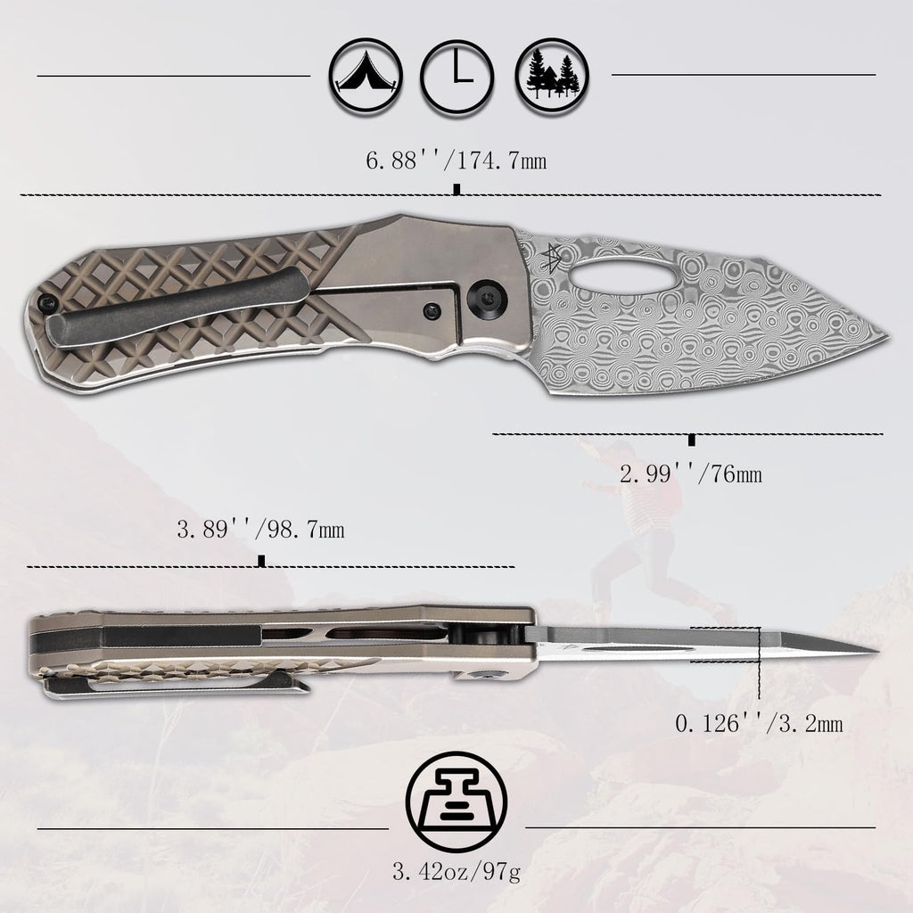 KANSEPT Loki Pocket Folding Knives for Men EDC Camping Folding Knife 2.99'' Damascus Blade Material Pocke Knife with Bronzed Anodized Titanium with Frag Pattern Handle Everyday Carry K1058B5