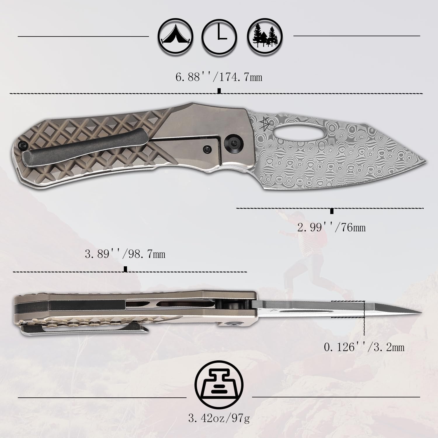 KANSEPT Loki Pocket Folding Knives for Men EDC Camping Folding Knife 2.99'' Damascus Blade Material Pocke Knife with Bronzed Anodized Titanium with Frag Pattern Handle Everyday Carry K1058B5