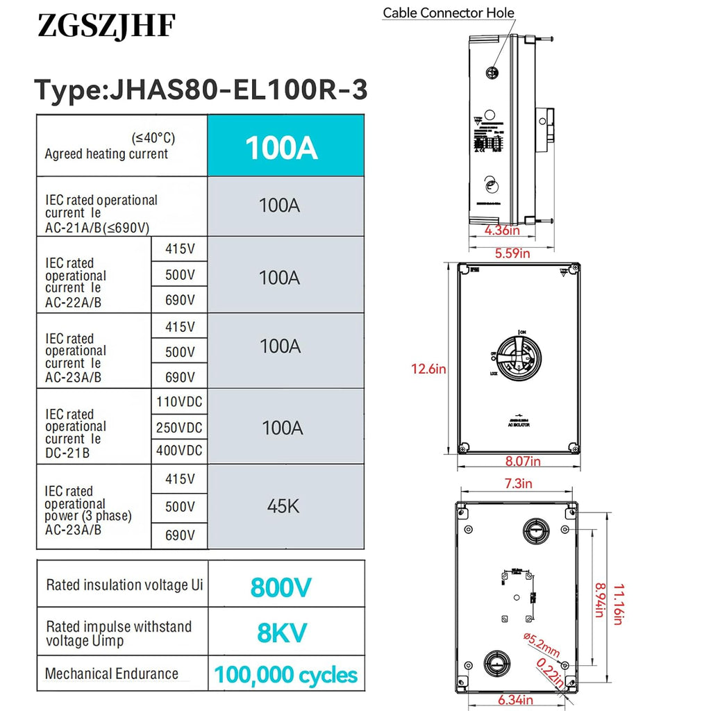UL Listed 100 Amp AC Disconnect Switch 3-Pole 800VAC IP66 Waterproof PV Isolation 100A Service Disconnect Box Outdoor 3-Ways 100A Heavy Duty Safety Switch