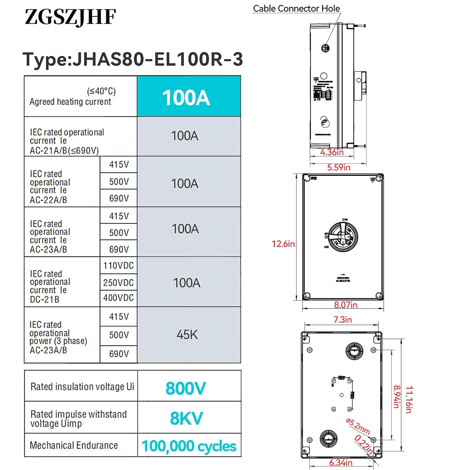 UL Listed 100 Amp AC Disconnect Switch 3-Pole 800VAC IP66 Waterproof PV Isolation 100A Service Disconnect Box Outdoor 3-Ways 100A Heavy Duty Safety Switch