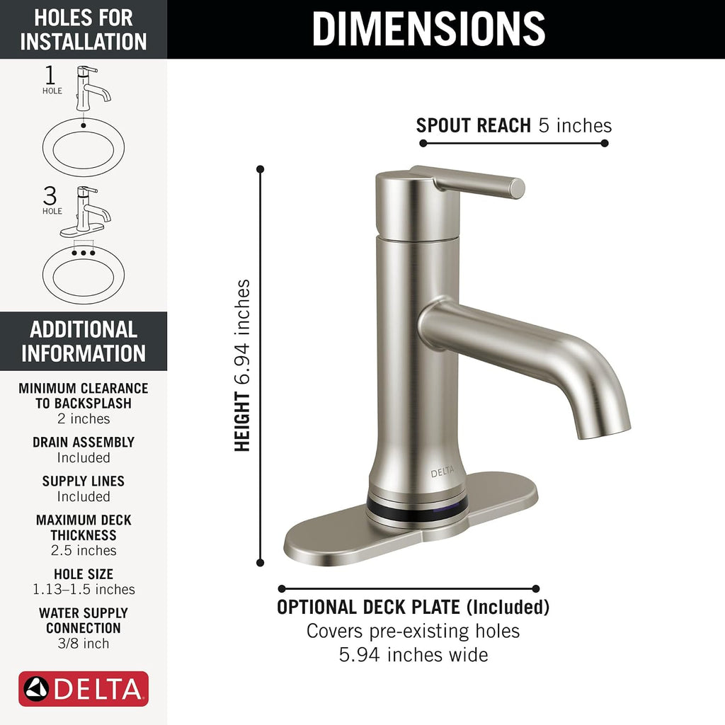 Delta Trinsic Touchless 1-Hole Bathroom Faucet with Touch On Technology, Brushed Nickel Single Hole Bathroom Sink Faucet, Metal Push-Pop Drain Assembly, Stainless 559TLF-SSMPU