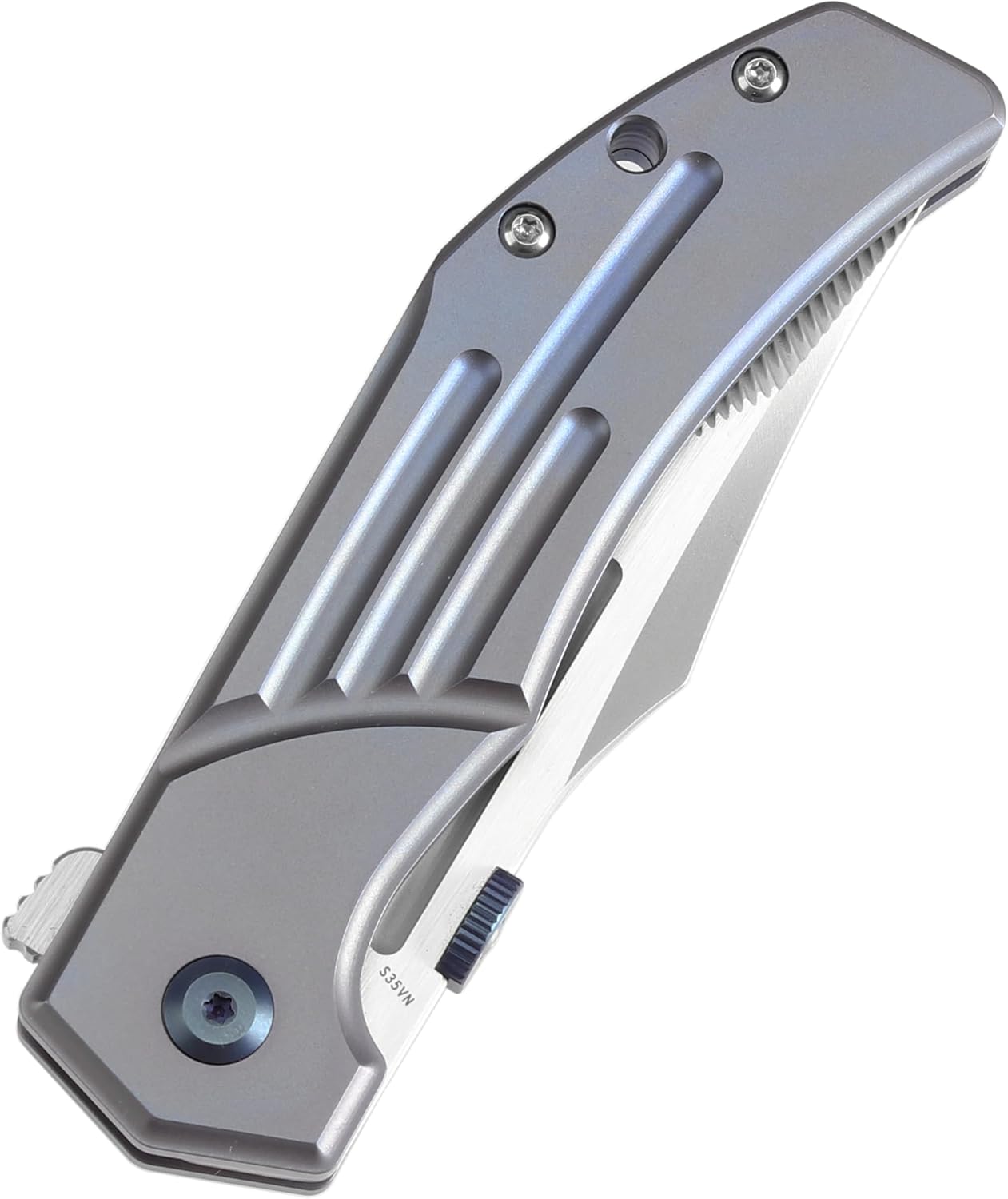 KANSEPT Orion Pocket Knife, 3.07'' CPM S35VN with CNC Milling Blade with Blood Groove, Blue Anodized Titanium Handle and Flipper or Thumb Disk, for Men Camping Survival Hunting Folding Knives K1089A1