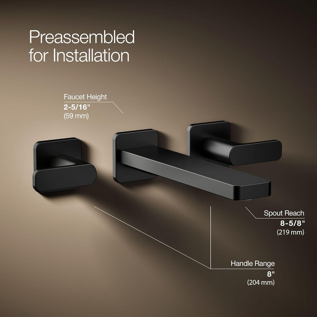 KOHLER T27120-4-BL Parallel® Wall-mount bathroom sink faucet trim, Matte Black