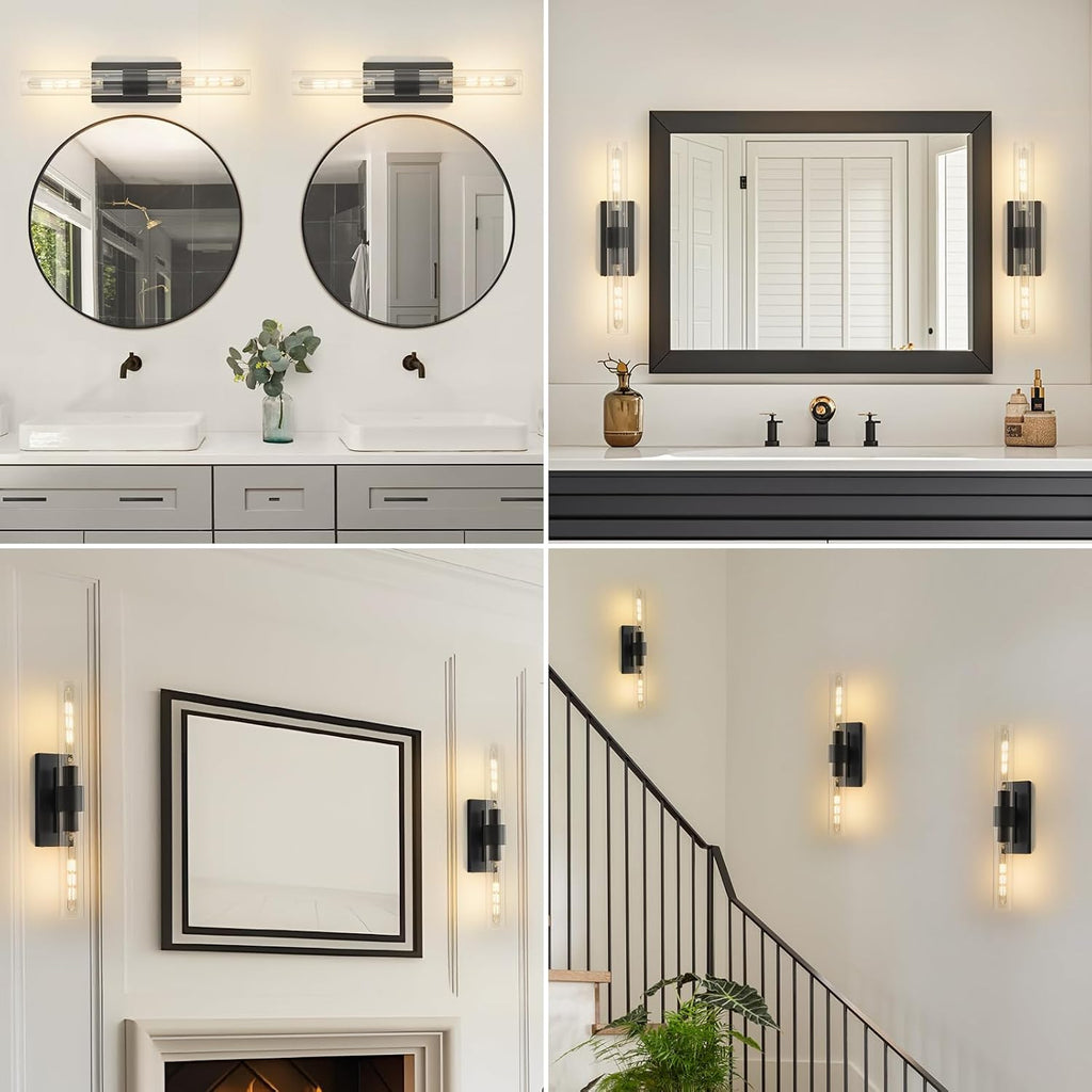 23' Brass Wall Sconce with Clear Glass Shade - Rust-Resistant Vintage Light, E26 Indoor Sconce, Decorative Lighting for Bathroom Living Room Stairway Fireplace Bedroom (Black)