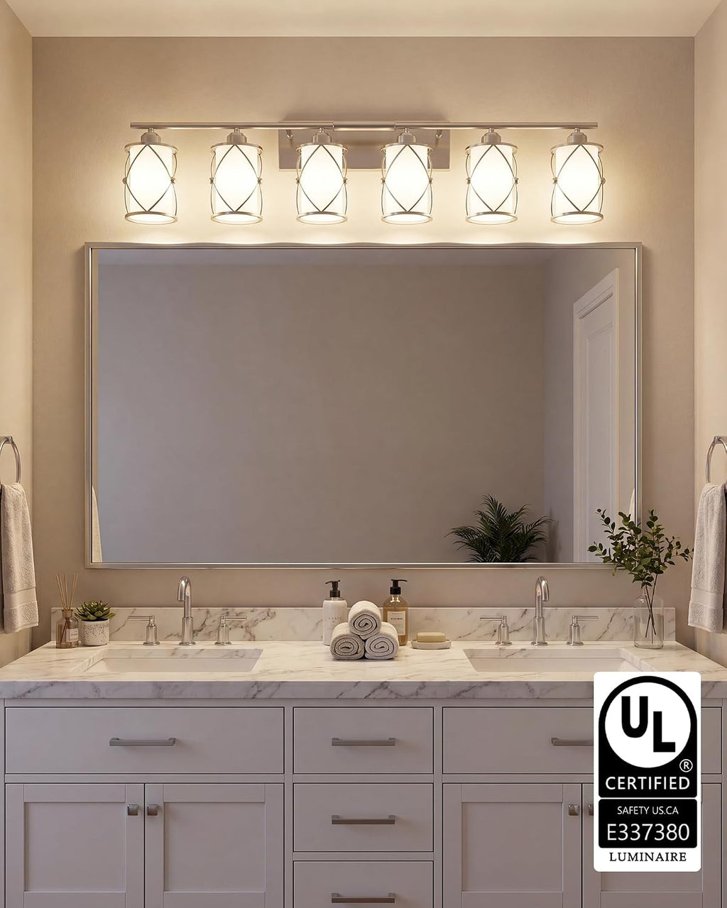 6-Light Brushed Nickel Bathroom Light Fixtures Over Mirror, 42' UL-Listed Modern Wall Sconce Lights with Milk White Frosted Glass and Metal Cage for Bath, Hardwire E26, CH9176BNW-6W