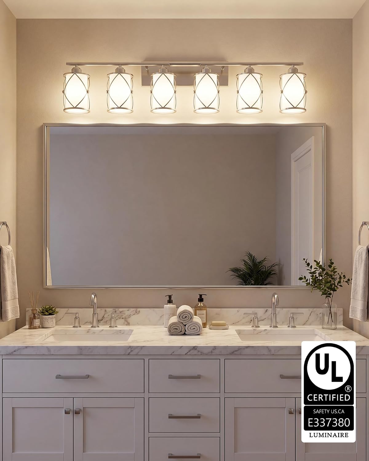 6-Light Brushed Nickel Bathroom Light Fixtures Over Mirror, 42' UL-Listed Modern Wall Sconce Lights with Milk White Frosted Glass and Metal Cage for Bath, Hardwire E26, CH9176BNW-6W