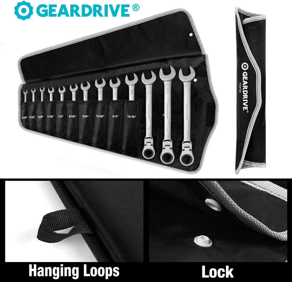 Flex-Head Ratcheting Combination Wrench Set, SAE, 13-piece, 5/16'' to 1'', Chrome Vanadium Steel Construction with Rolling Pouch