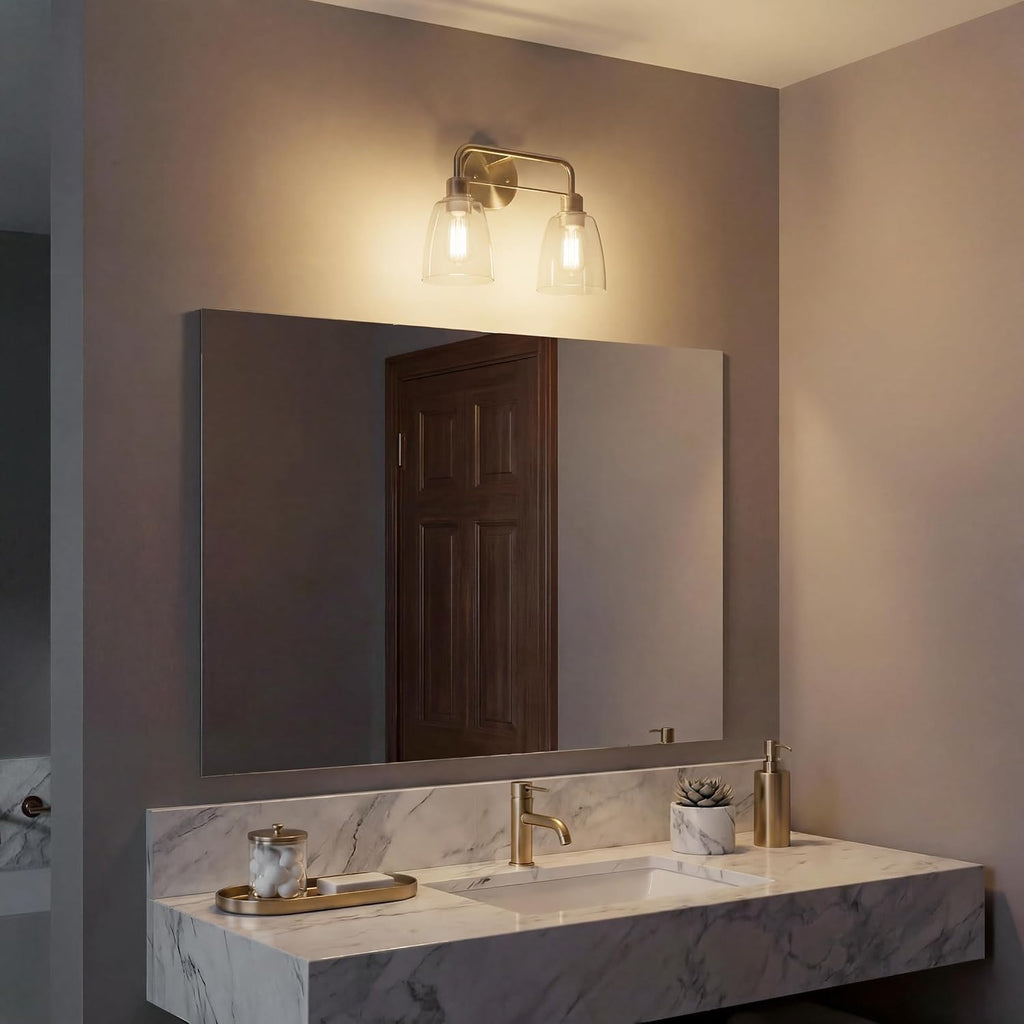 Kichler Meller 2-Light Bathroom Vanity Light Fixture with Clear Glass Shades, Industrial Wall Sconce in Champagne Bronze for Bathroom Mirror (11.25' x 5.5' x 7'), 55101CPZ