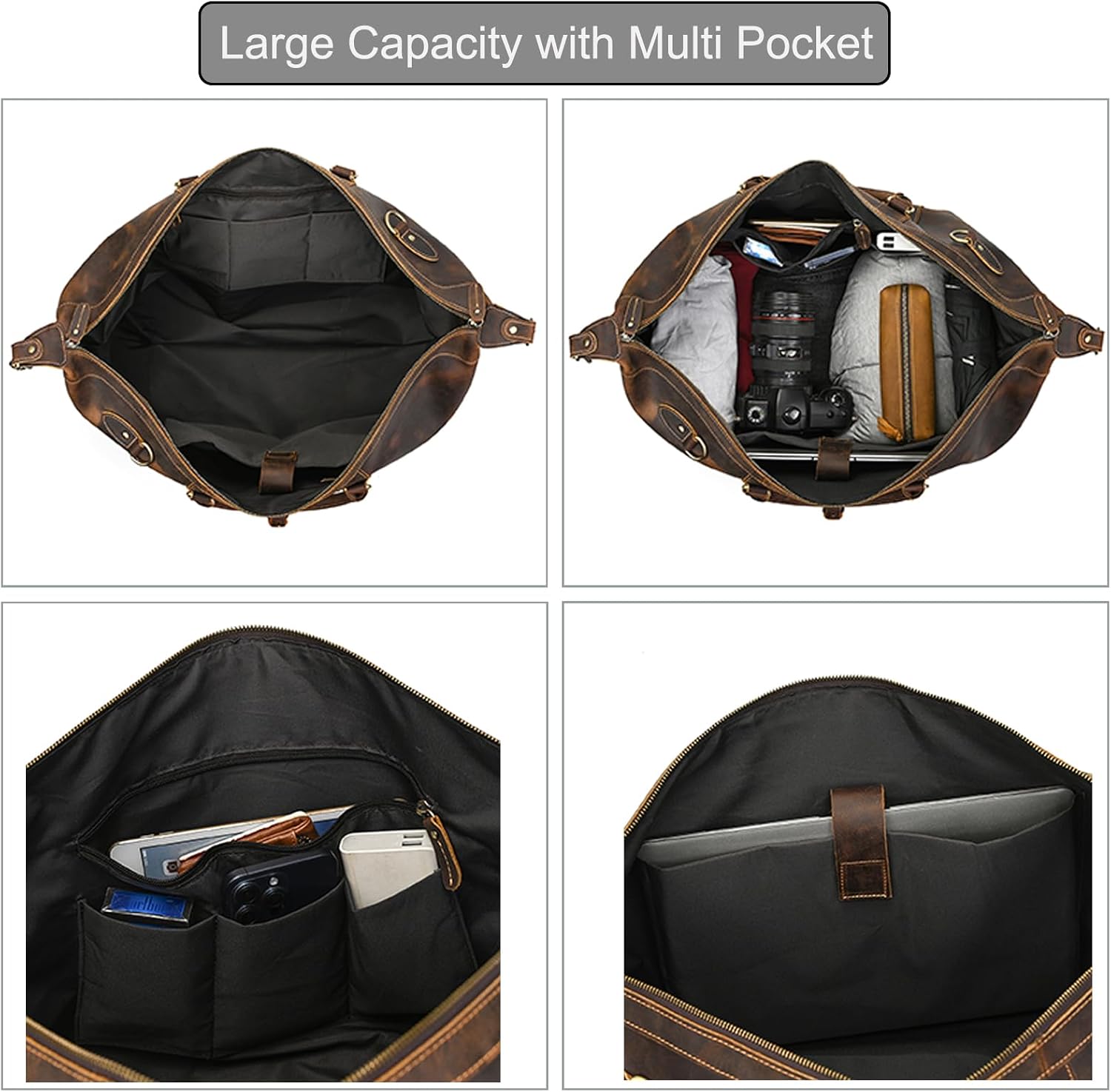 LUUFAN Full-grain Genuine Leather Travel Bag Large Capacity Luggage Duffel Bag for Men Shoulder Handbag Holiday Business Trip Bag, Brown