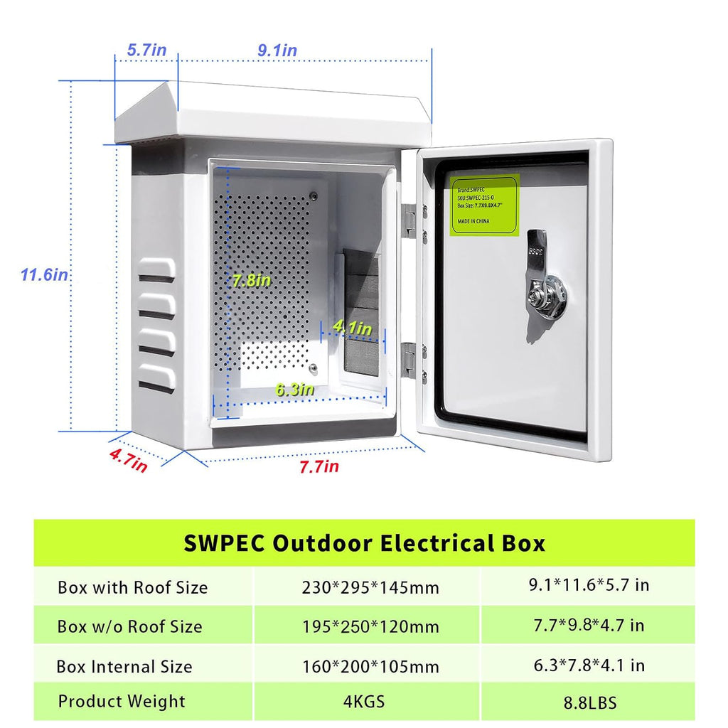 Metal Outdoor Enclosure with Rain Hood Electrical Box Weatherproof WiFi/Network Enclosure Breaker Box with Fan-Vent Design Cable Project Cabinet with Mounting Track Hole in Back 9X12X6