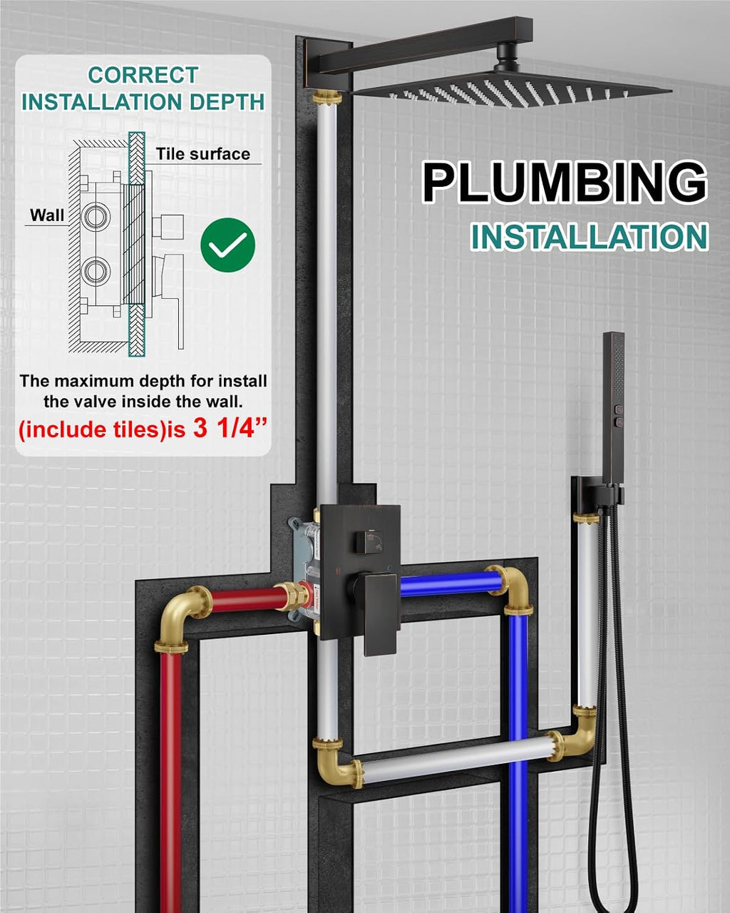 Shower Faucet Set Rainfall Shower System with Square Showerhead and Handle Set Fixture with 2 in 1 Function Handheld Sprayer Wall Mounted Trim Repair Kit Rough-in Valve 12 Inch Oil Rubbed Bronze