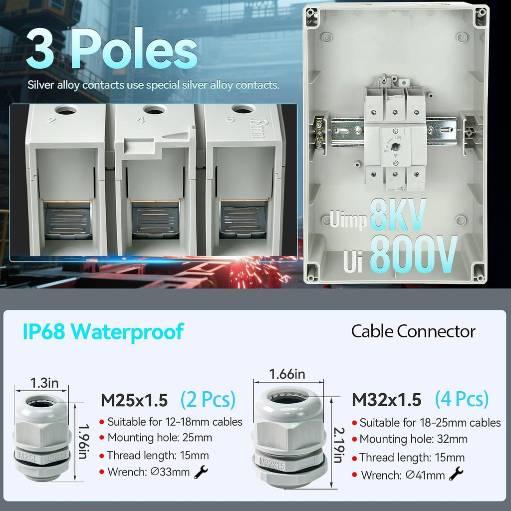 UL Listed 100 Amp AC Disconnect Switch 3-Pole 800VAC IP66 Waterproof PV Isolation 100A Service Disconnect Box Outdoor 3-Ways 100A Heavy Duty Safety Switch