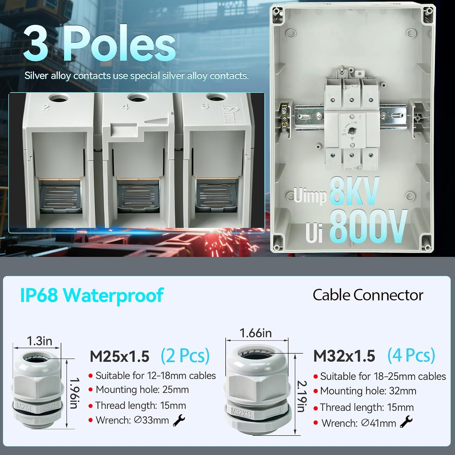 UL Listed 100 Amp AC Disconnect Switch 3-Pole 800VAC IP66 Waterproof PV Isolation 100A Service Disconnect Box Outdoor 3-Ways 100A Heavy Duty Safety Switch