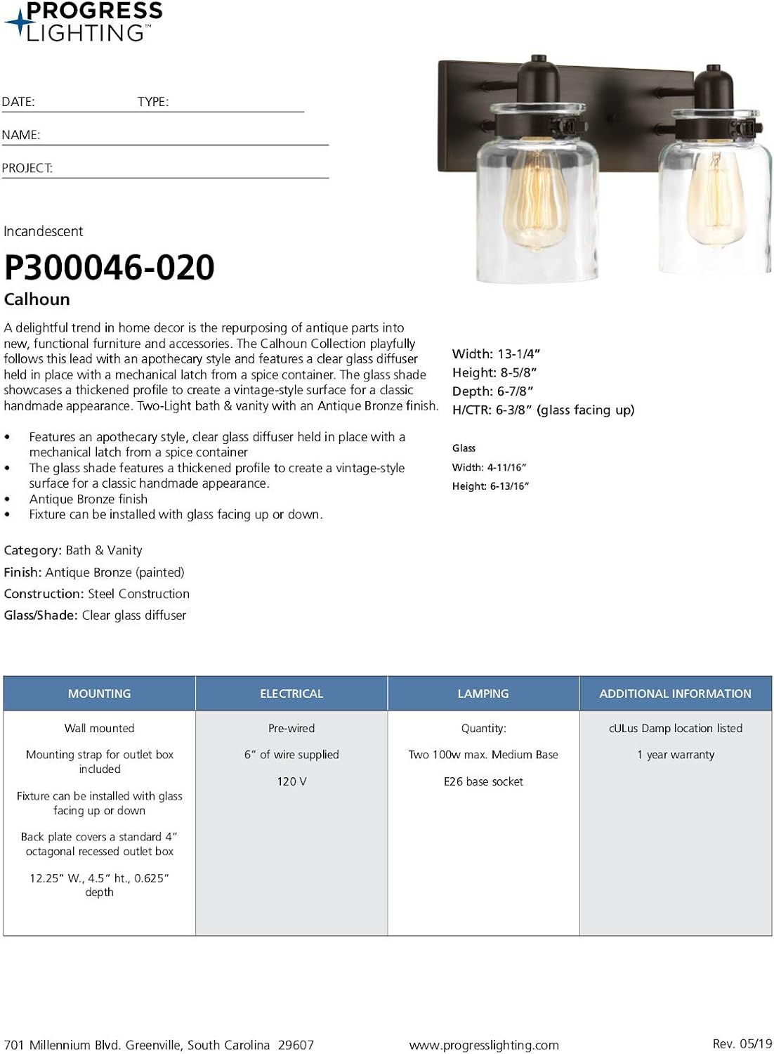 Progress Lighting P300046-020 Calhoun Collection Clear Glass Farmhouse Bath Vanity Light, 2-Light, Antique Bronze