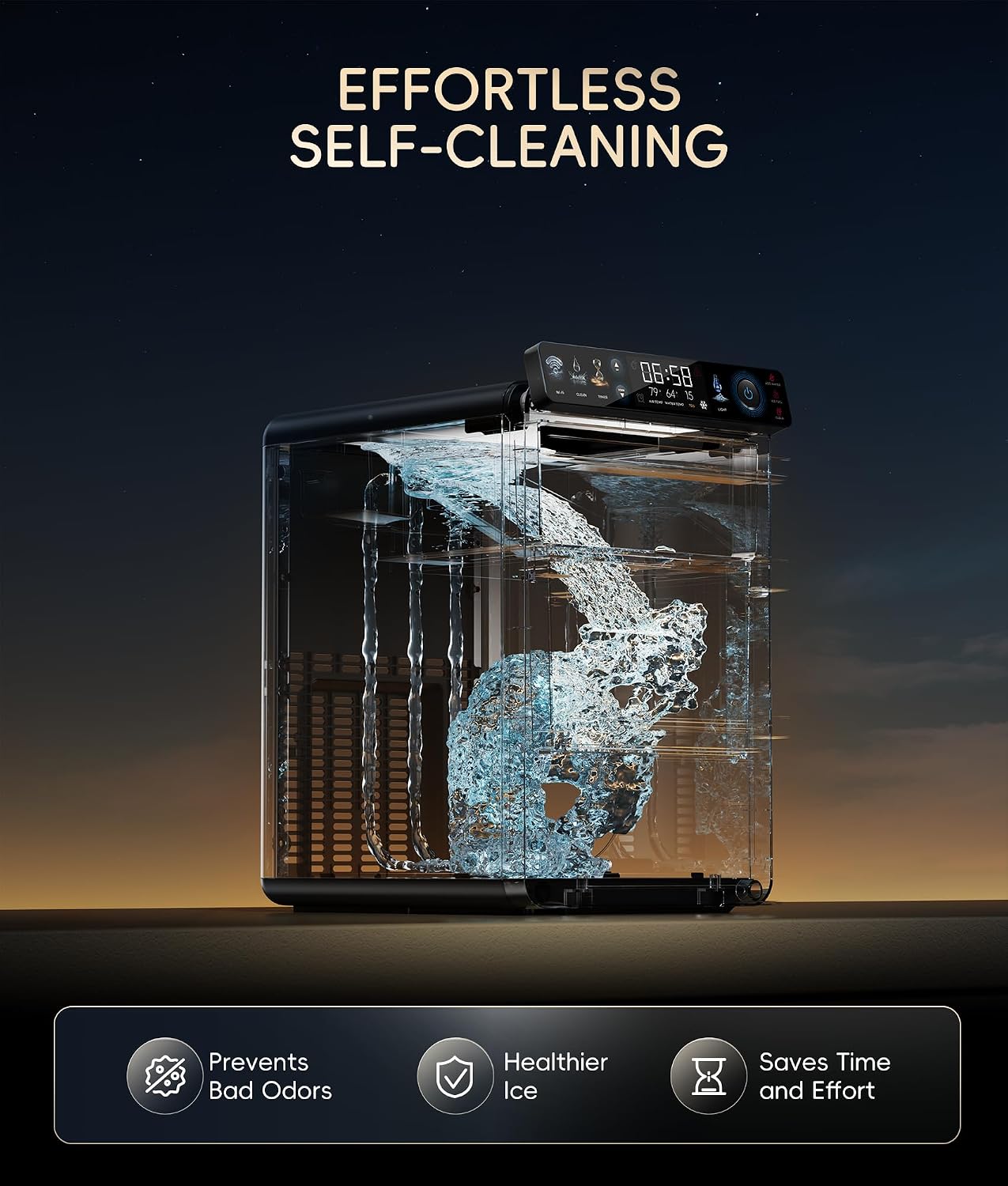 ecozy Nugget Ice Maker Countertop, Smart Pebble Ice Machine with APP Control, 44 lbs Per Day Soft Pellet Chewable Ice with Self-Cleaning, Black