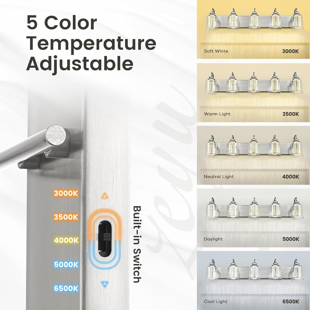 zeyu 30W Dimmable Bathroom Lighting, 5 Light LED Bathroom Wall Lights with 5 Color Modes, Brushed Nickel Finish with Crystal Bubble and Clear Glass, ZSL72B-5W LED BN