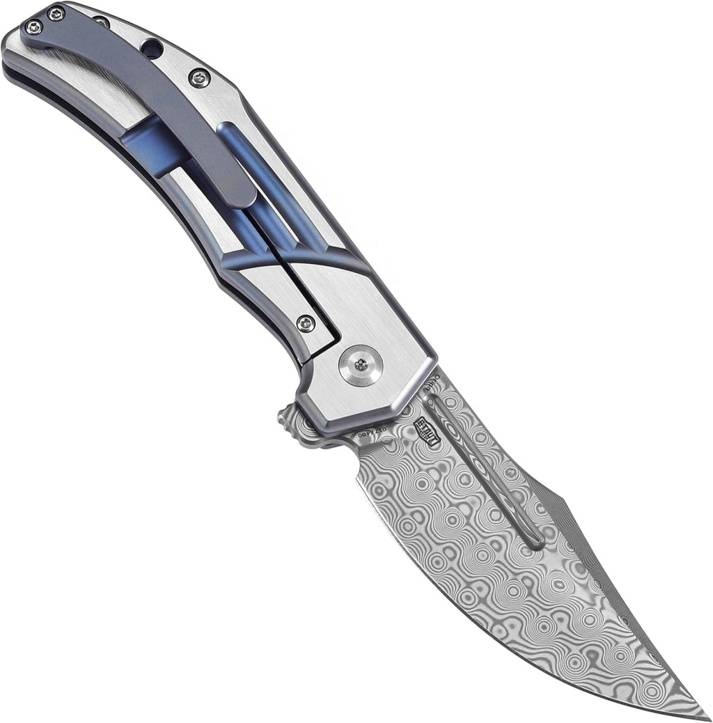 KANSEPT Orion Pocket Knife, 3.07'' Damascus Elegant Blade with Blood Groove, CNC Blue Anodized Milling Titanium Handle and Flipper, for Men Women Camping Survival Hunting Folding Knives K1089B2