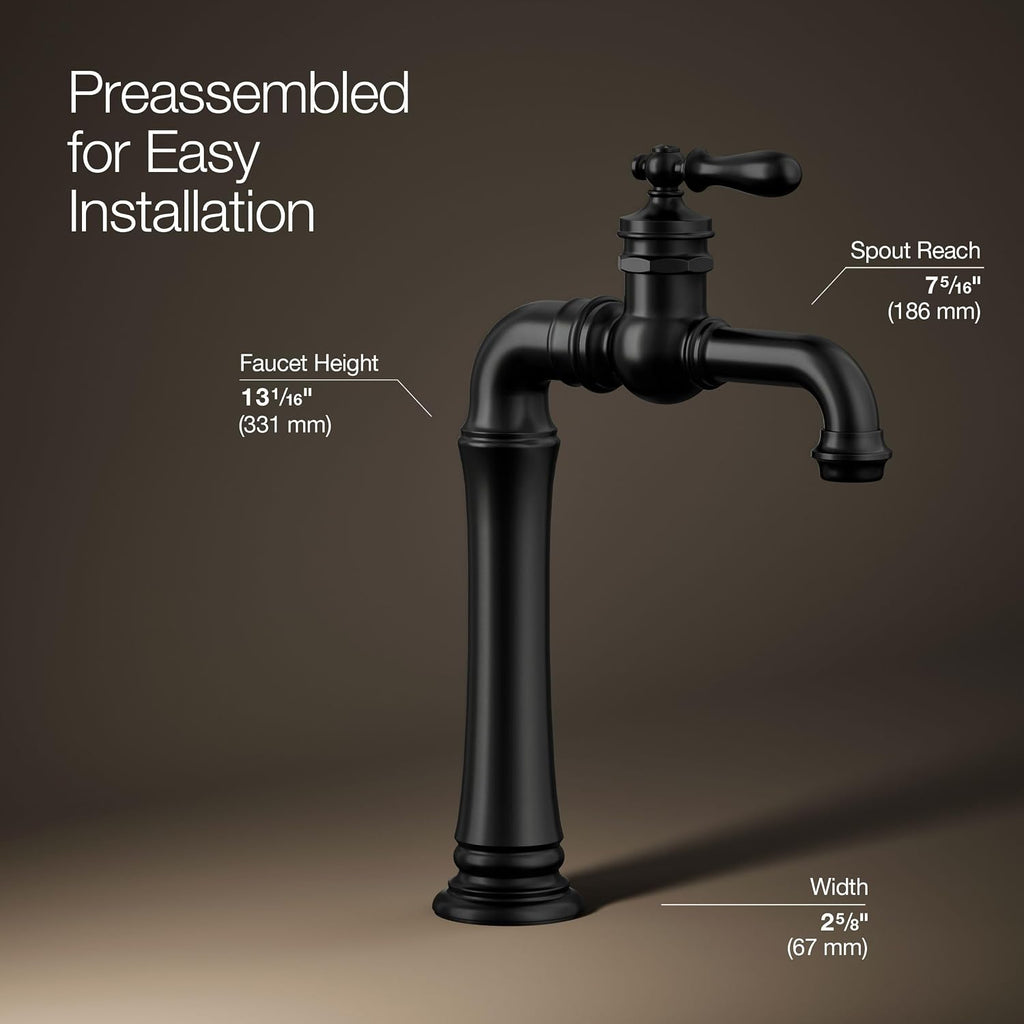 KOHLER K-72763-9M-BL Artifacts Gentleman's Single-Handle Bathroom Sink Faucet, 1.2 GPM, Vintage Inspired, Matte Black