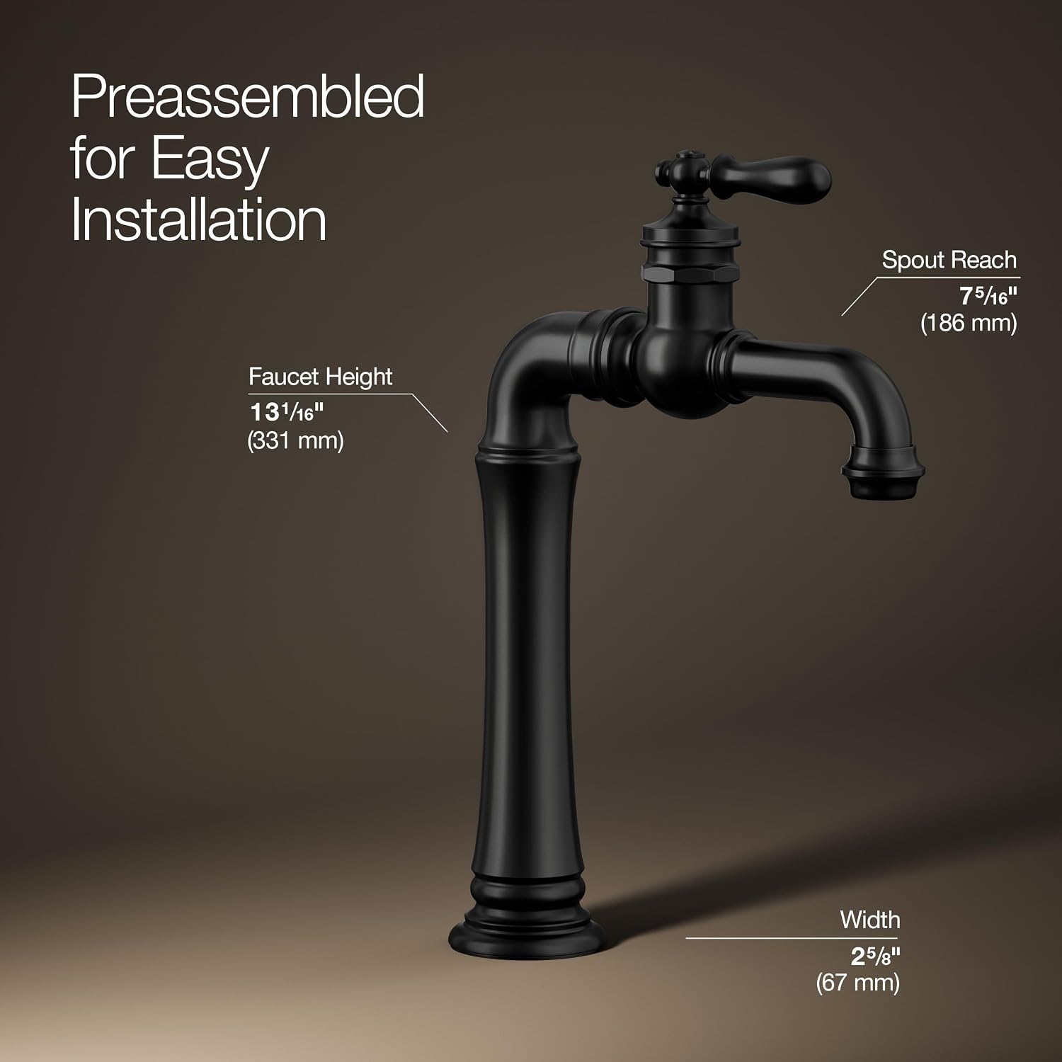 KOHLER K-72763-9M-BL Artifacts Gentleman's Single-Handle Bathroom Sink Faucet, 1.2 GPM, Vintage Inspired, Matte Black