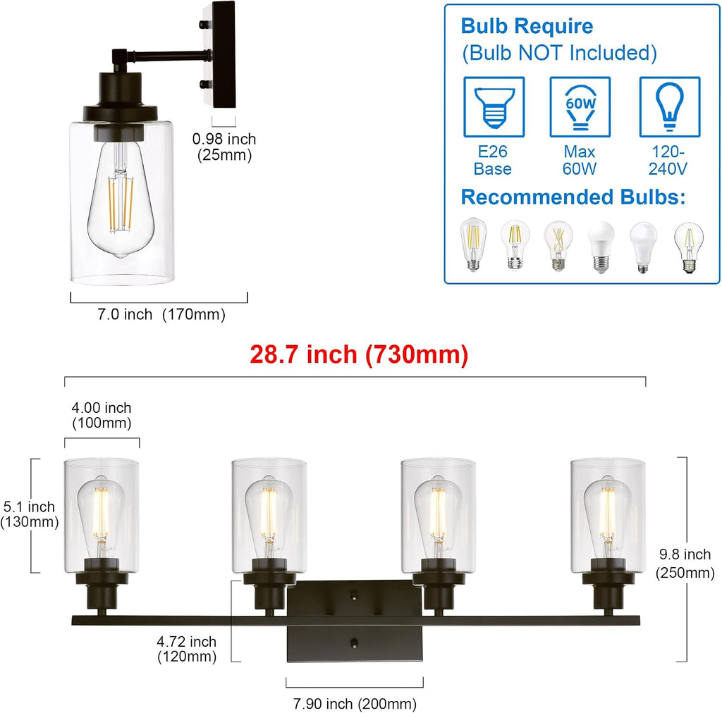 MELUCEE 4 Lights Wall Sconce Lighting Oil Rubbed Bronze Finished with Clear Glass, Bathroom Vanity Light Fixtures Wall Lights Bedroom Porch Kitchen Living Room (Patent No.: US D963914 S)