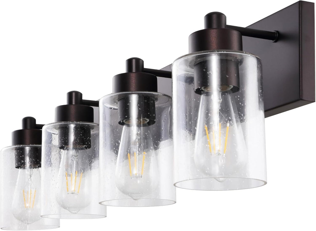 JONATHAN Y 27.75' Oil Rubbed Bronze/Clear 4-Light Modern LED Vanity Light for Bathroom Mirror, Mid-Century Wall Sconce with Clear Seeded Glass Shades, Contemporary Iron Fixture, LED Bulbs (JYL7558E)