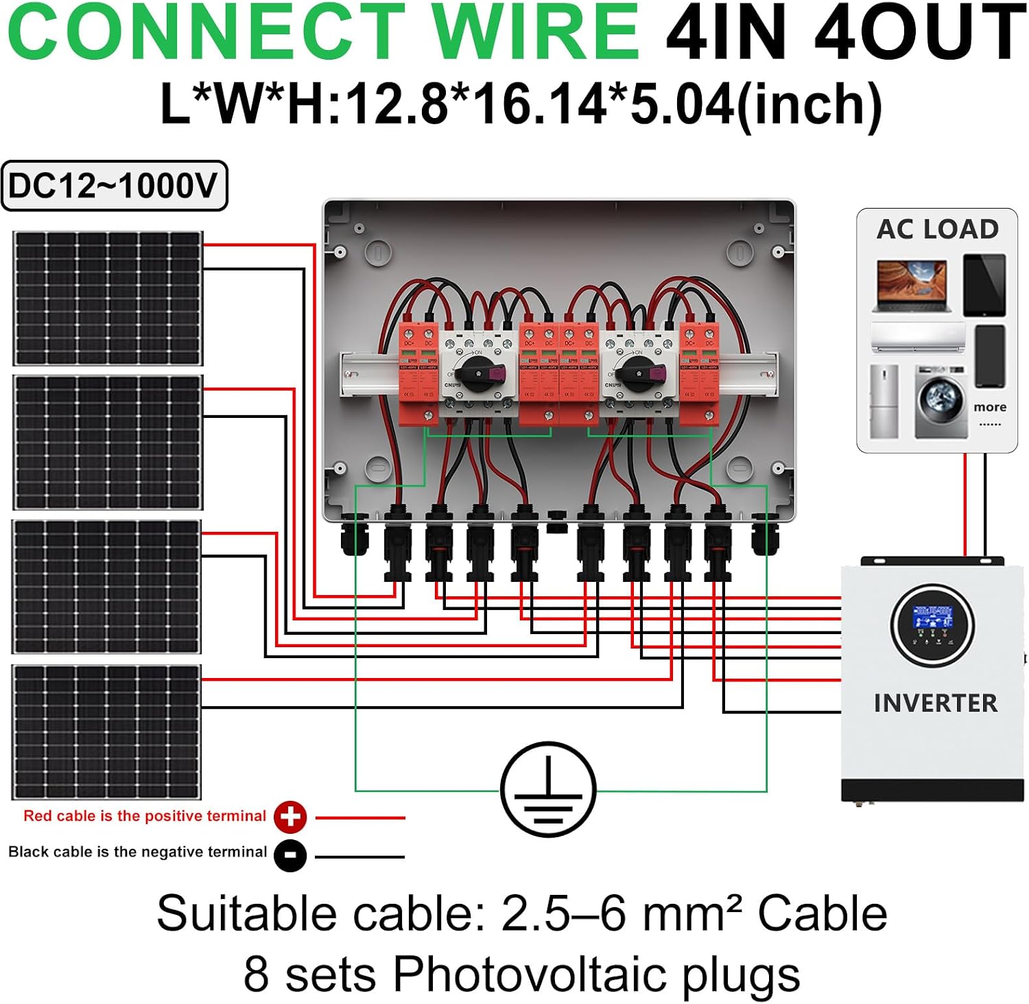 4 Strings Solar Disconnect Switch 32 Amp DC1000V with Lightning Surge Protector Arrester and IP65 Solar PV Combiner Breaker Box 4in 4out for Outdoor Solar Panel System